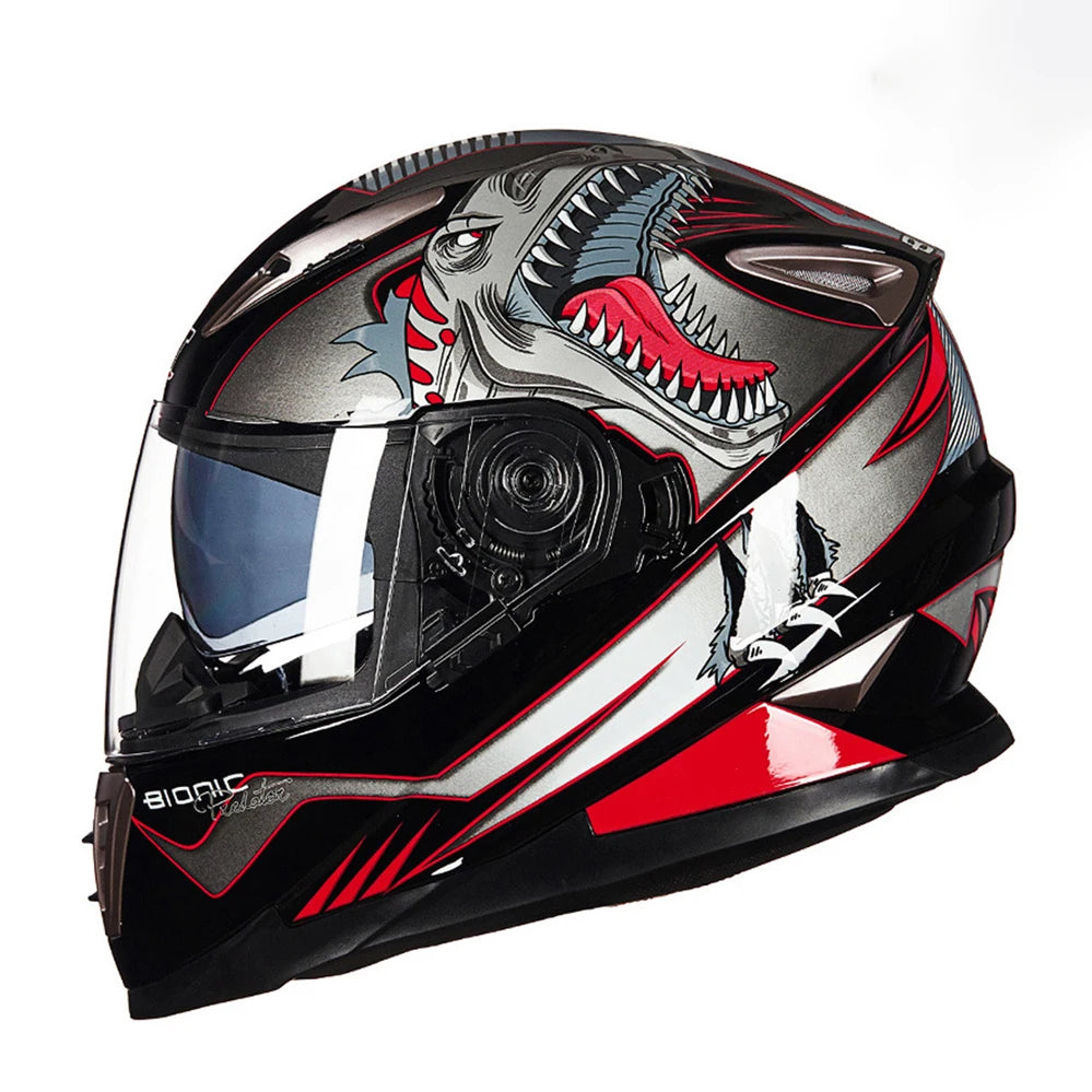 Casque intégral de moto noir et rouge avec motif dinosaure raptor 