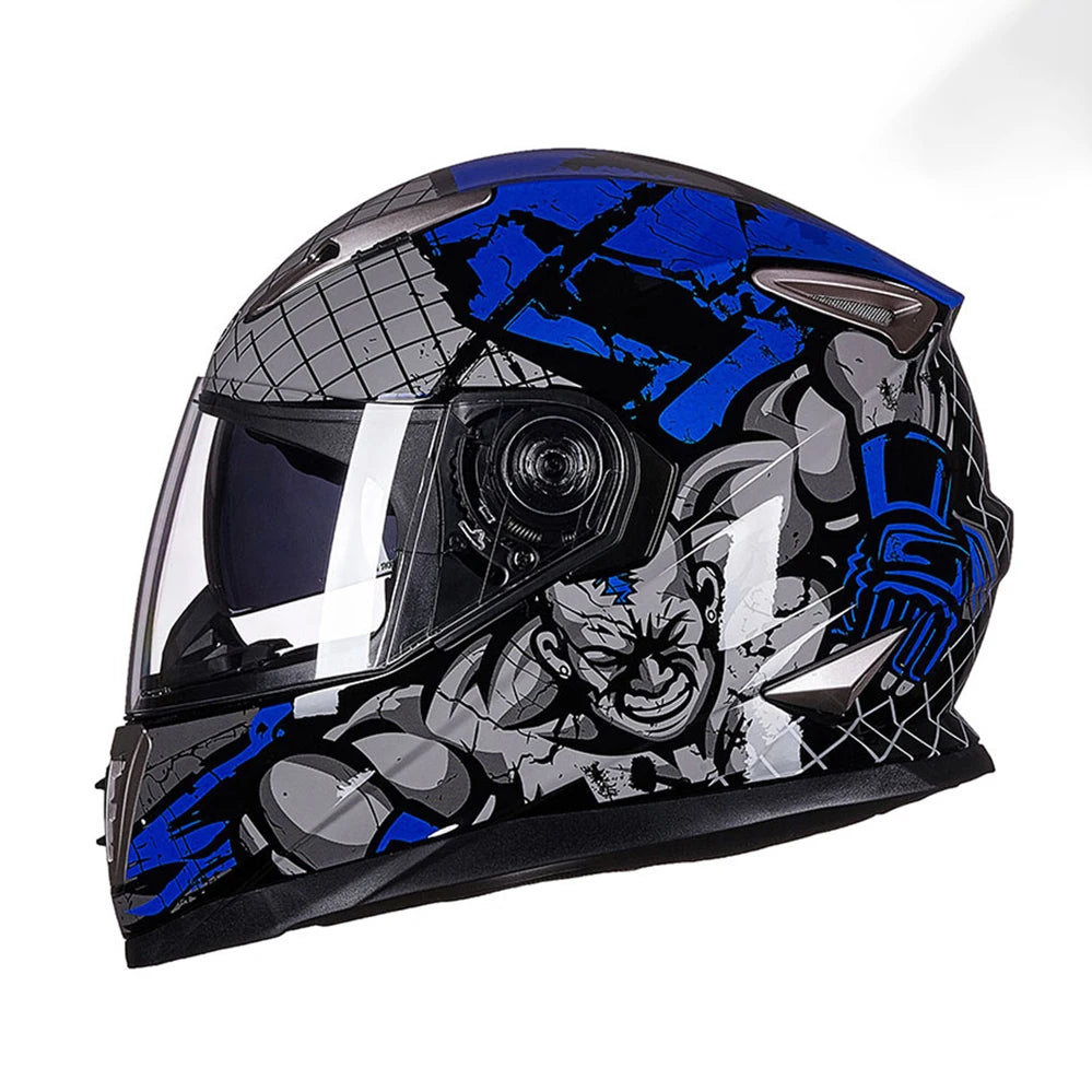Casque intégral de moto bleu et gris avec motif graphique pour homme, résistant et ventilé