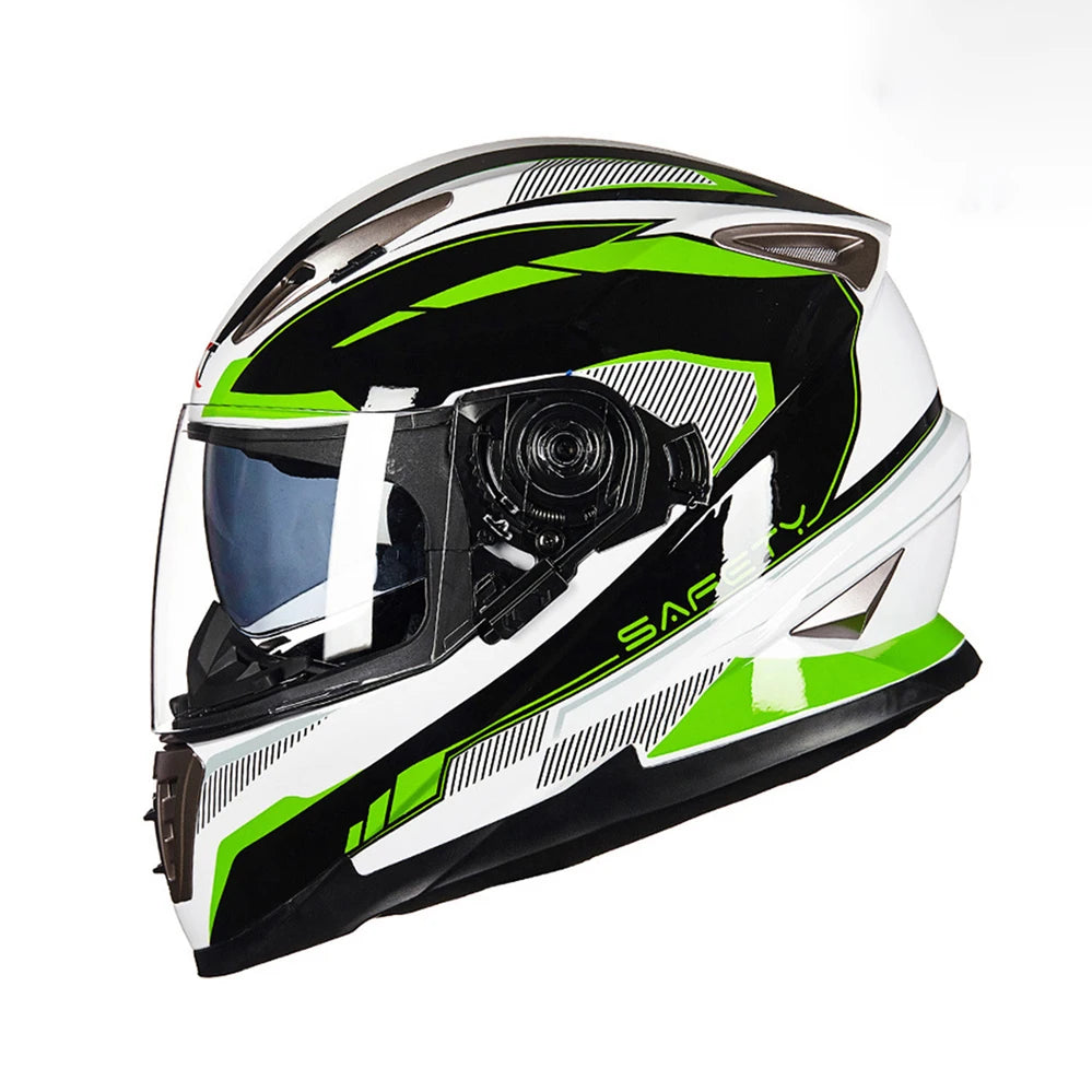 Casque intégral de moto sportive blanc et vert avec visiere transparente 