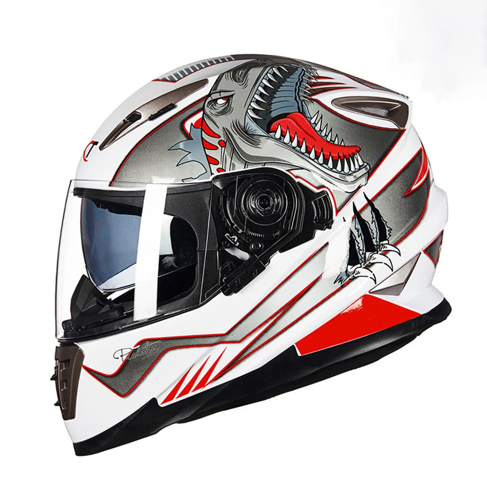 Casque intégral de moto blanc et rouge avec motif dinosaure