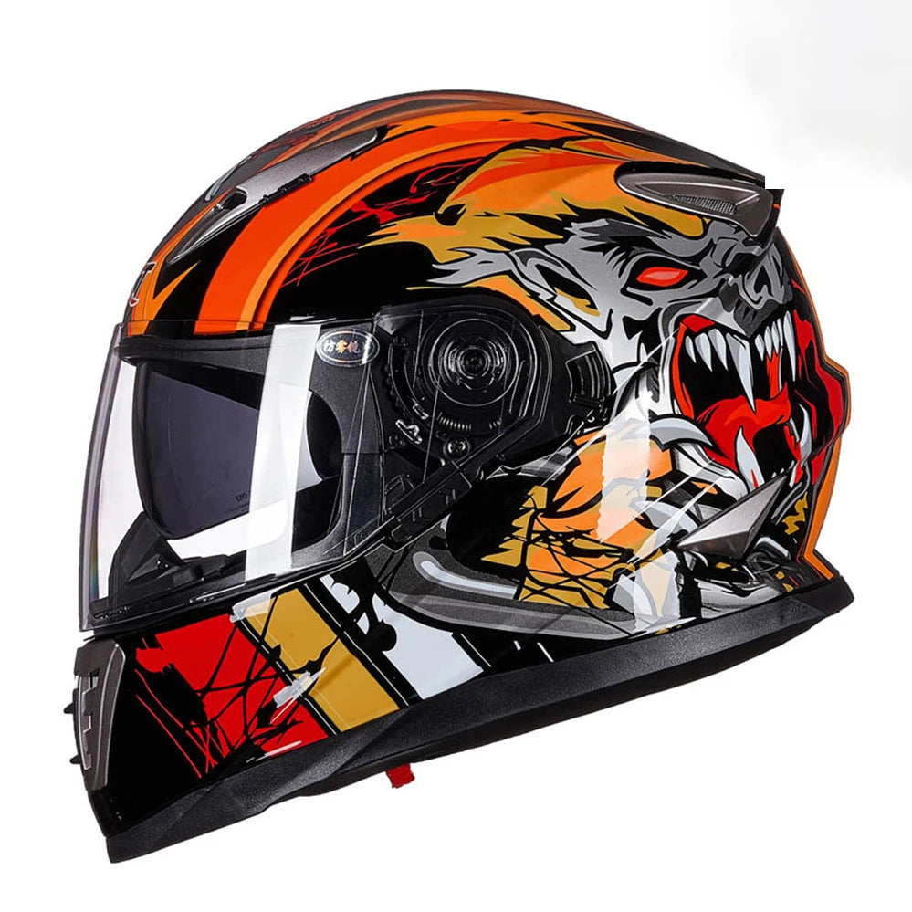 Casque intégral de moto orange et noir avec motif animal mechant gorille sauvage