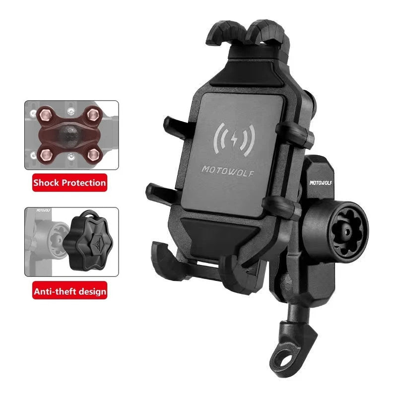 Support téléphone moto MOTOWOLF – Aluminium 360° avec chargeur sans fil intégré