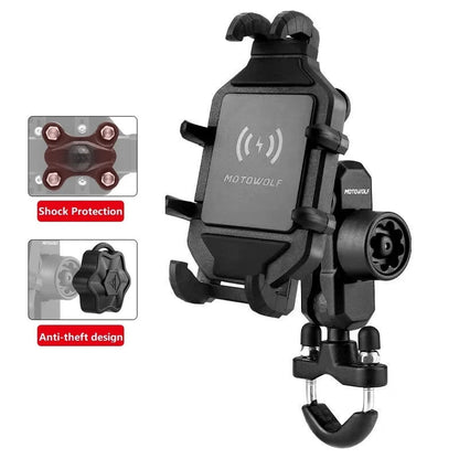 Support téléphone moto MOTOWOLF – Aluminium 360° avec chargeur sans fil intégré
